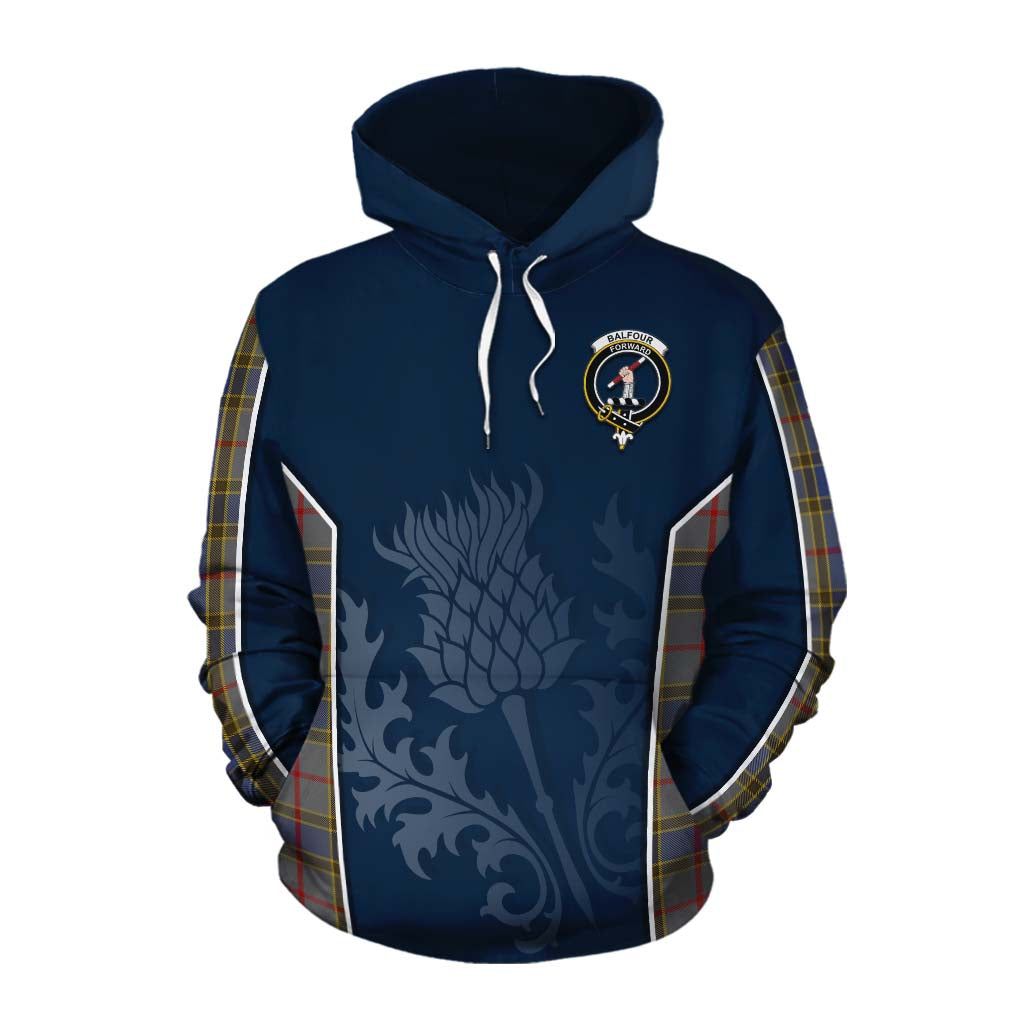 Tartan Vibes Clothing Balfour Tartan Cotton Hoodie with Family Crest and Scottish Thistle Vibes Sport Style