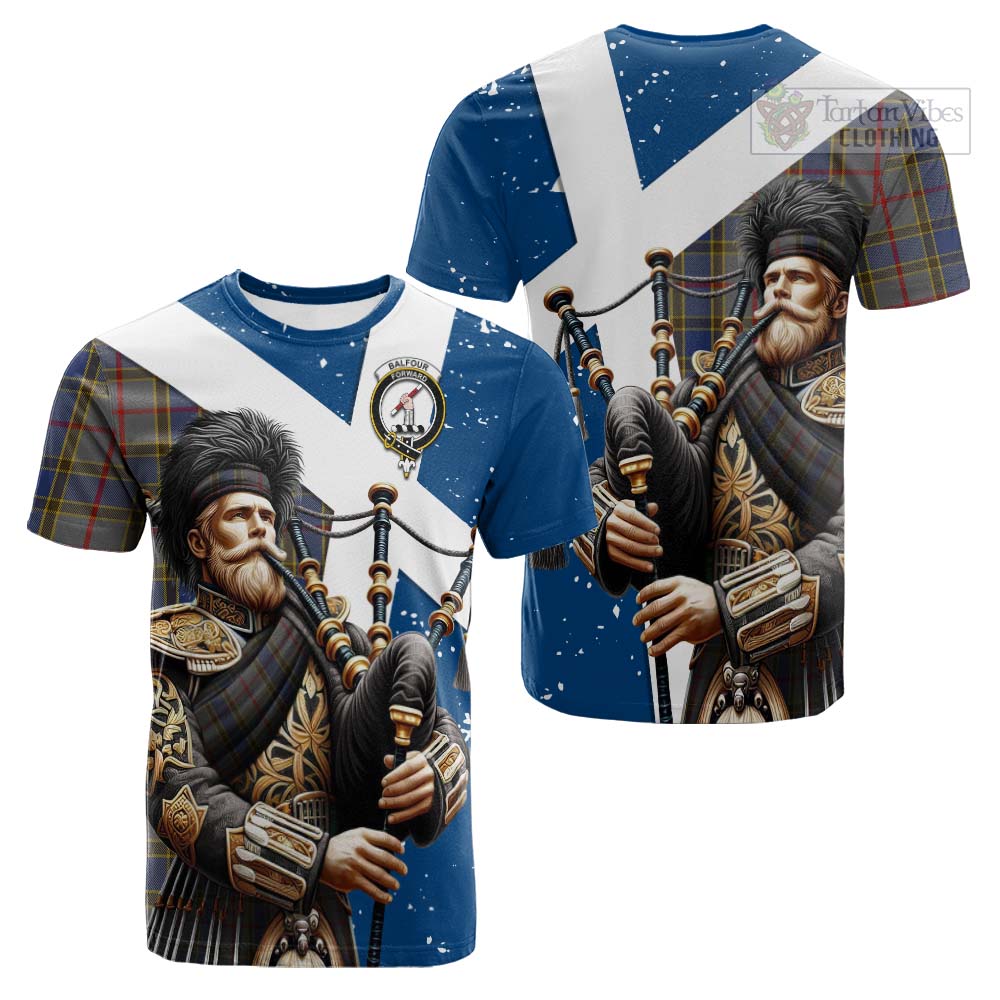 Tartan Vibes Clothing Balfour Tartan Cotton T-shirt with Family Crest Scottish Bagpiper Vibes