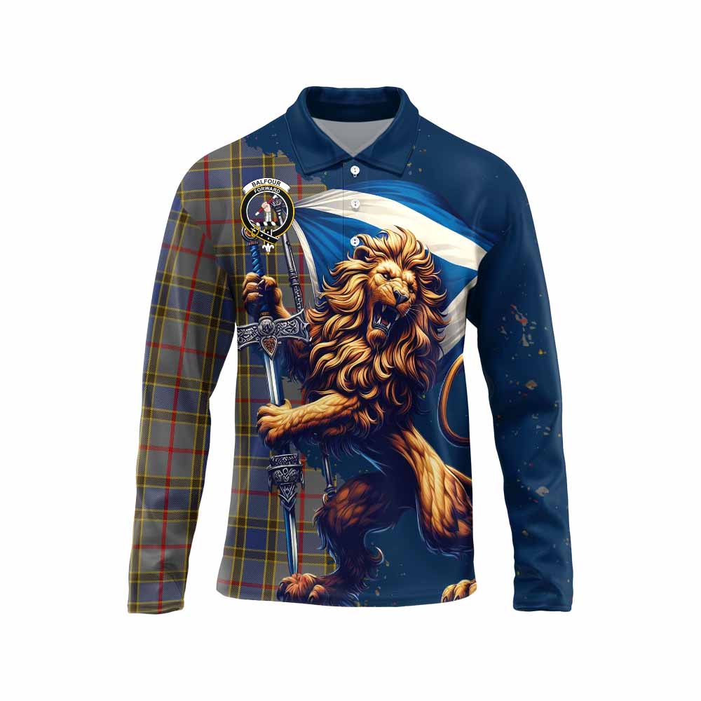 Tartan Vibes Clothing Balfour Tartan Family Crest Long Sleeve Polo Shirt with Scottish Majestic Lion