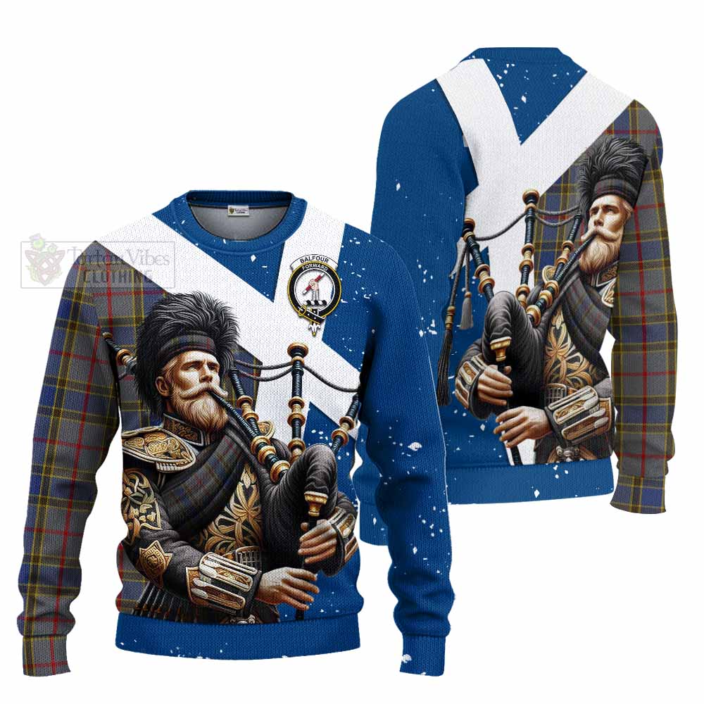 Tartan Vibes Clothing Balfour Tartan Knitted Sweater with Family Crest Scottish Bagpiper Vibes