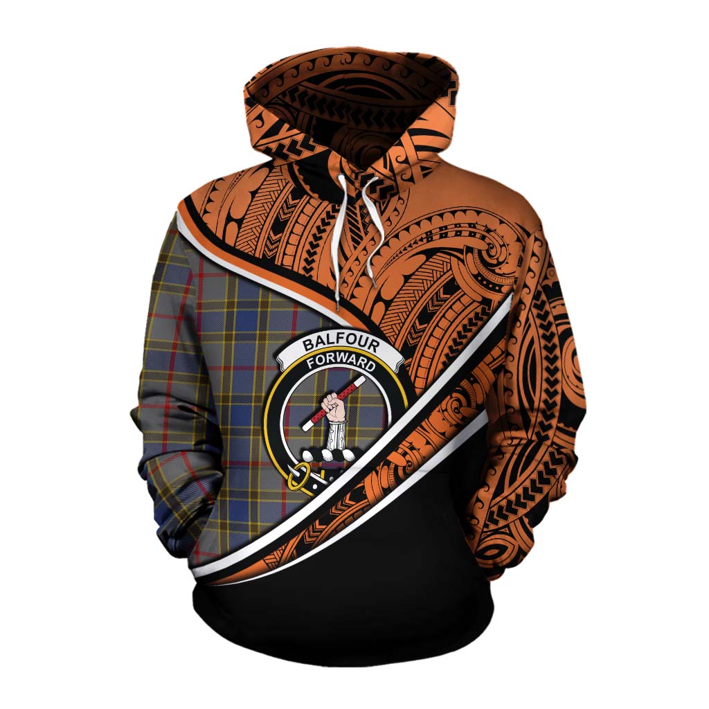 Tartan Vibes Clothing Balfour Crest Tartan Cotton Hoodie with Maori Tattoo Style - Orange Version