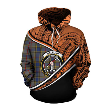 Balfour Crest Tartan Cotton Hoodie with Polynesian Vibes Style - Orange Version