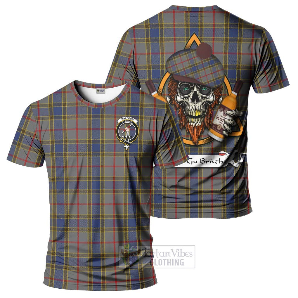 Tartan Vibes Clothing Balfour Tartan T-Shirt with Family Crest and Bearded Skull Holding Bottles of Whiskey