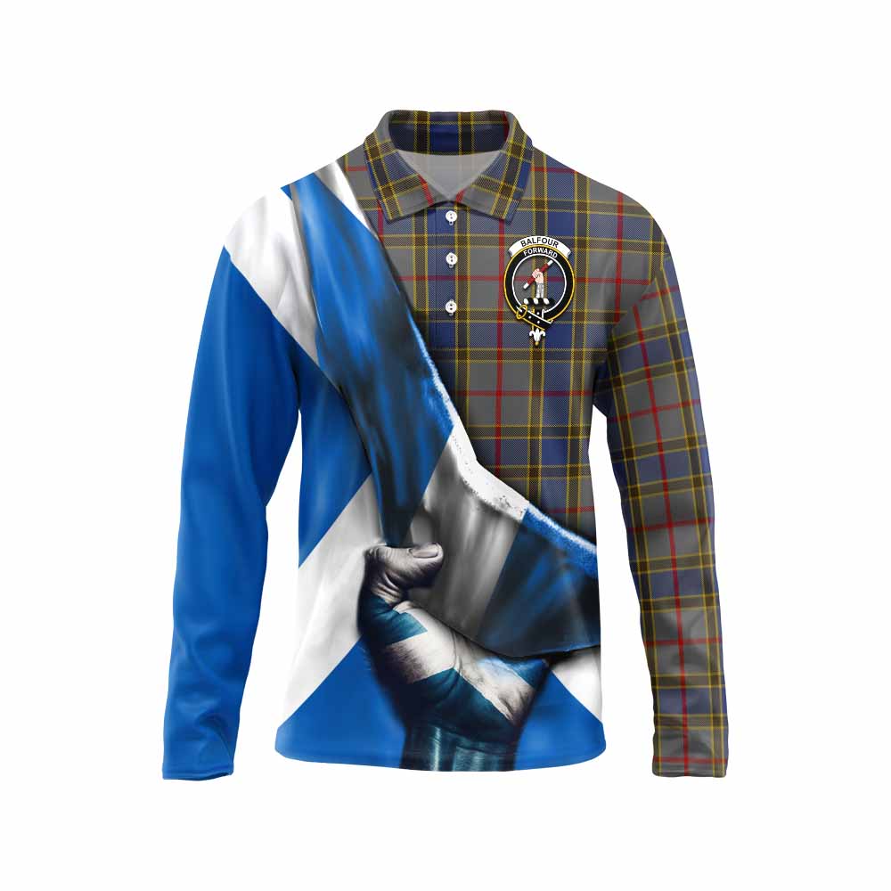 Tartan Vibes Clothing Balfour Tartan Long Sleeve Polo Shirt with Family Crest Scotland Patriotic Style