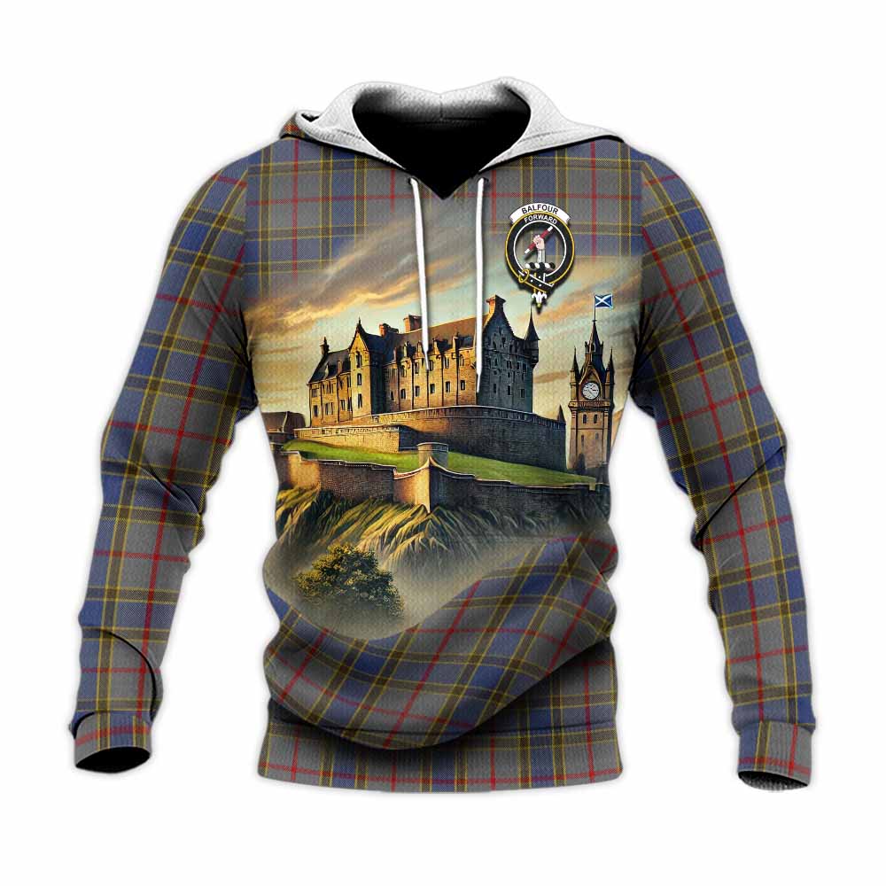 Balfour Tartan Family Crest Knitted Hoodie with Scottish Ancient Castle Style Unisex Knitted Pullover Hoodie - Tartan Vibes Clothing