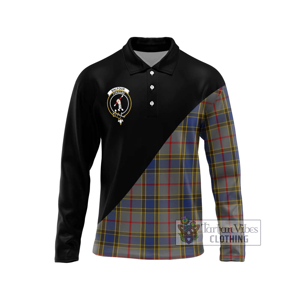 Balfour Tartan Long Sleeve Polo Shirt with Family Crest and Military Logo Style Unisex - Tartanvibesclothing Shop