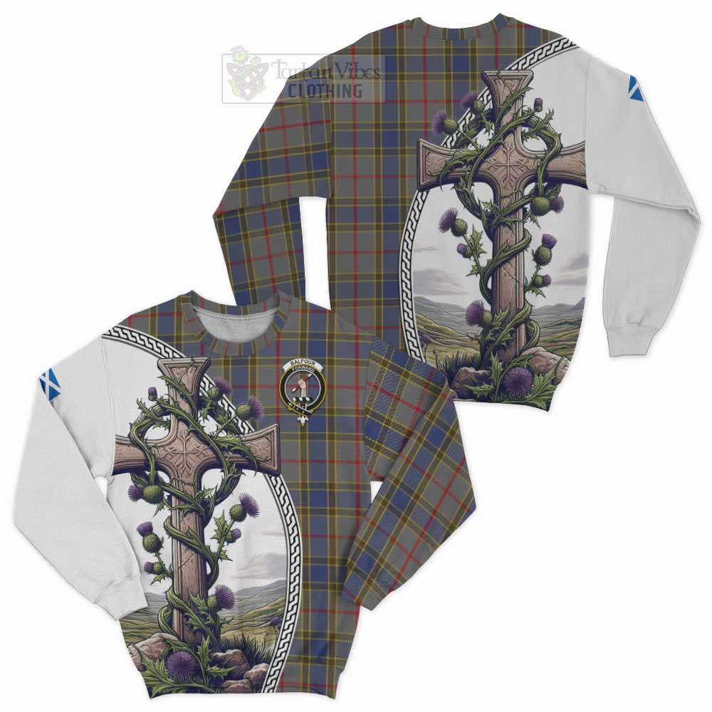 Tartan Vibes Clothing Balfour Tartan Sweatshirt with Family Crest and St. Andrew's Cross Accented by Thistle Vines