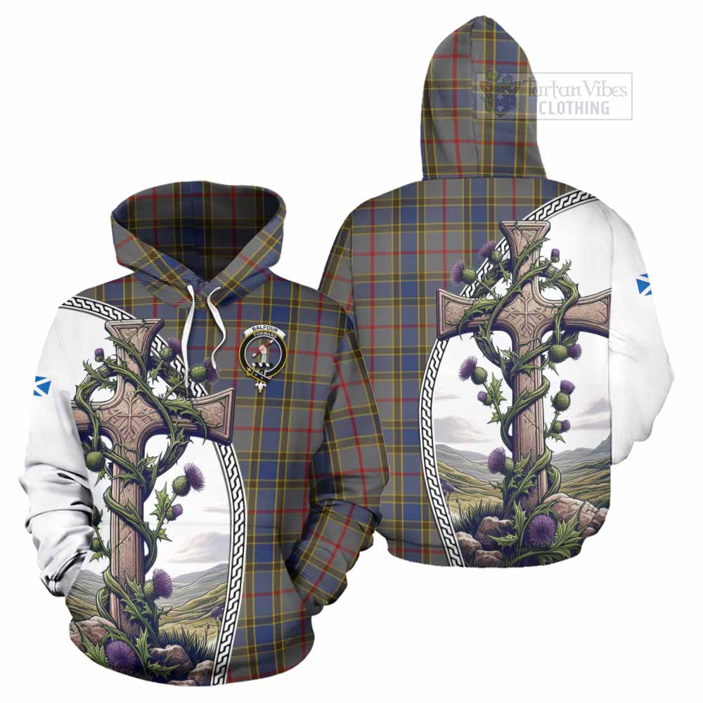 Tartan Vibes Clothing Balfour Tartan Hoodie with Family Crest and St. Andrew's Cross Accented by Thistle Vines