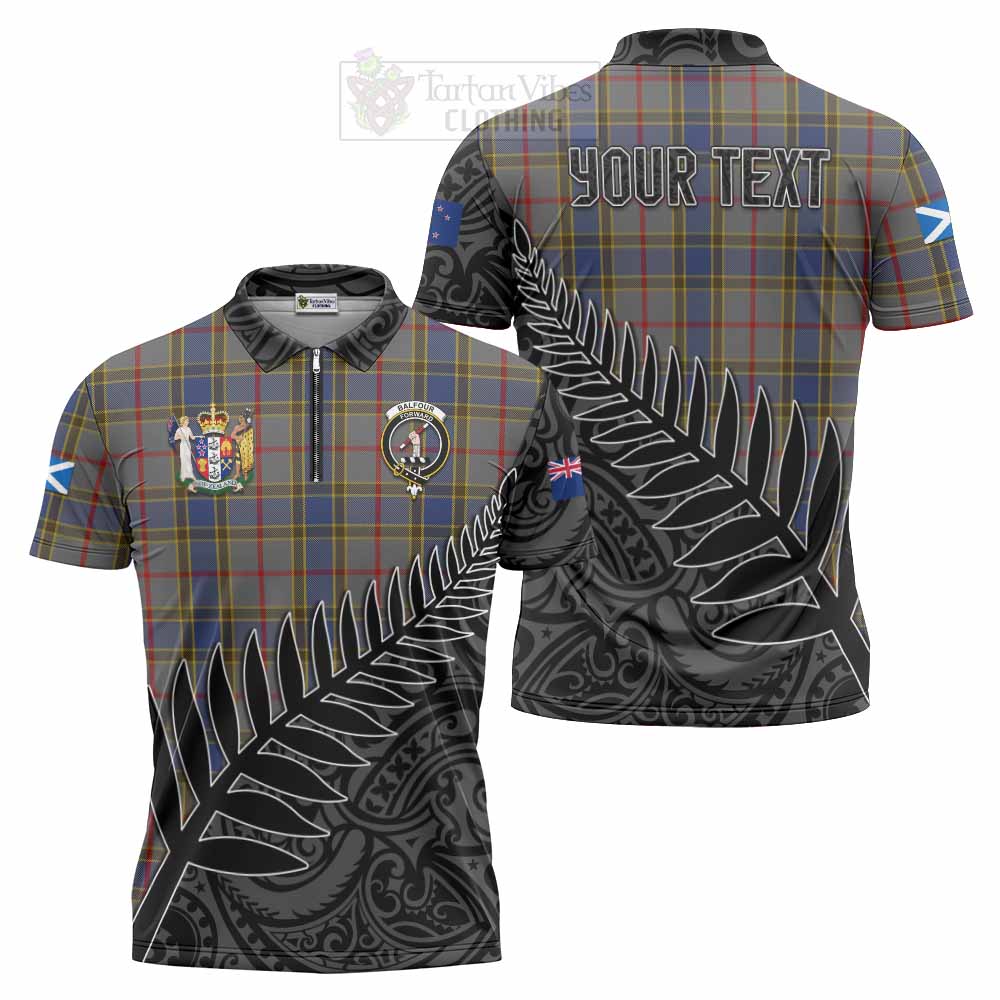 Tartan Vibes Clothing Balfour Crest Tartan Zipper Polo Shirt with New Zealand Silver Fern Half Style