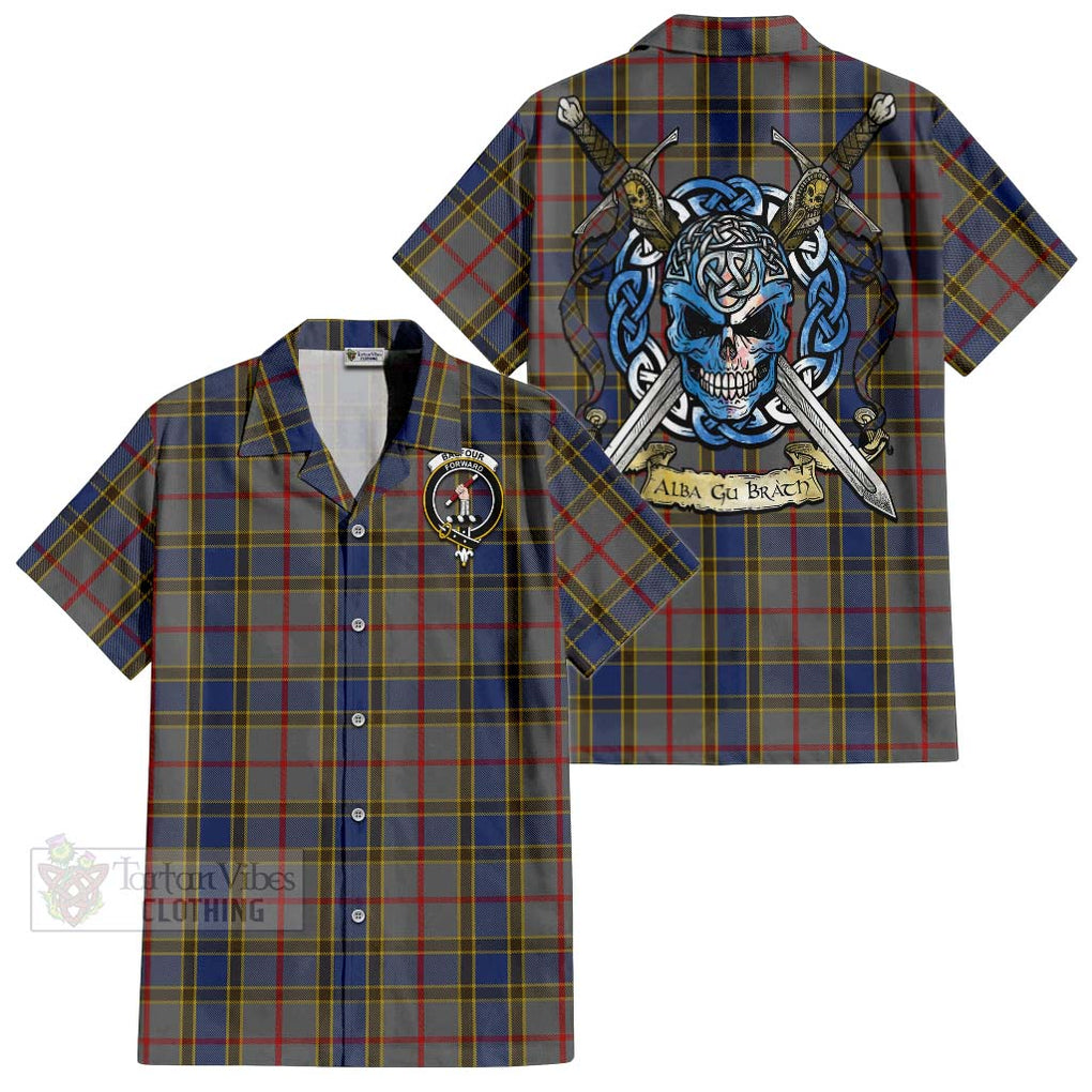 Tartan Vibes Clothing Balfour Tartan Short Sleeve Button Shirt with Family Crest Celtic Skull Style