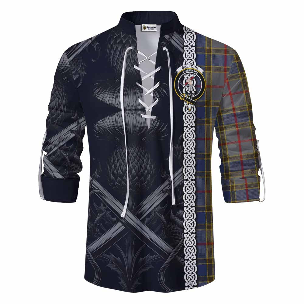 Tartan Vibes Clothing Balfour Tartan Ghillie Kilt Shirt with Family Crest Cross Sword Thistle Celtic Vibes