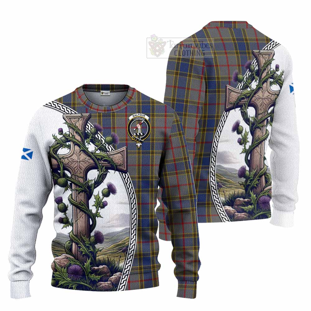 Tartan Vibes Clothing Balfour Tartan Knitted Sweater with Family Crest and St. Andrew's Cross Accented by Thistle Vines