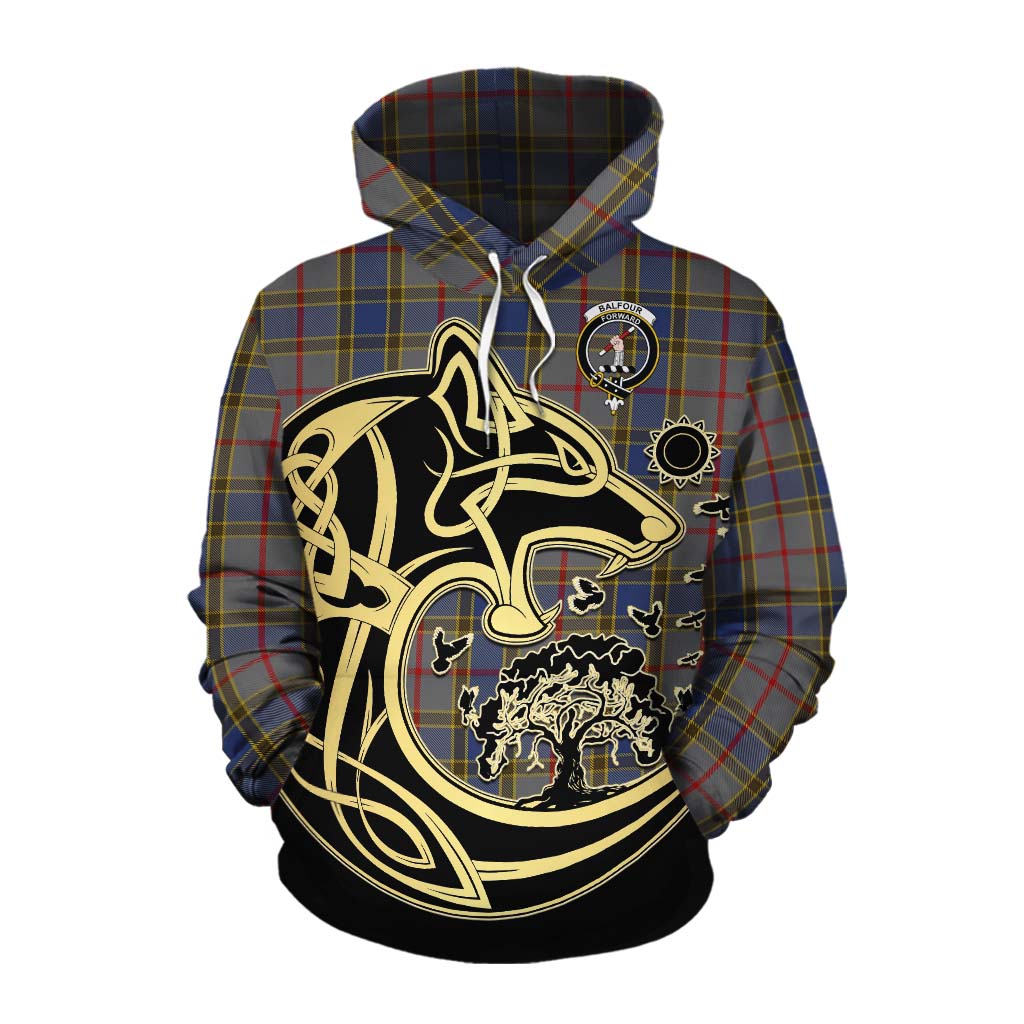 Tartan Vibes Clothing Balfour Tartan Cotton Hoodie with Family Crest Celtic Wolf Style