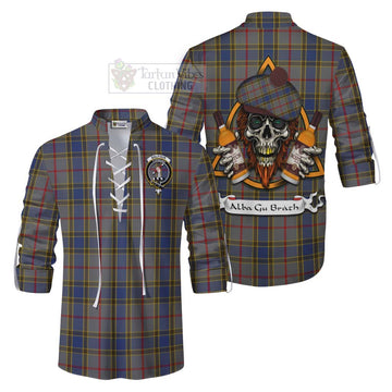 Balfour Tartan Ghillie Kilt Shirt with Family Crest and Bearded Skull Holding Bottles of Whiskey