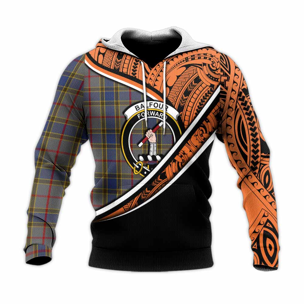 Tartan Vibes Clothing Balfour Crest Tartan Knitted Hoodie with Maori Tattoo Style - Orange Version