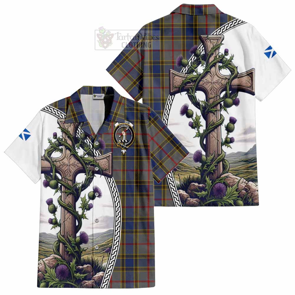 Tartan Vibes Clothing Balfour Tartan Short Sleeve Button Shirt with Family Crest and St. Andrew's Cross Accented by Thistle Vines