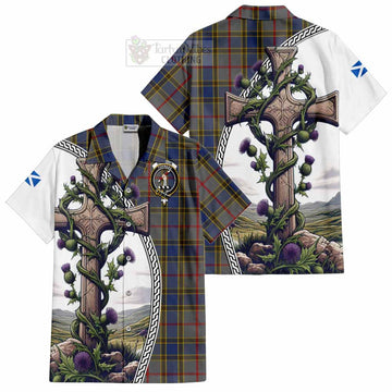 Balfour Tartan Short Sleeve Button Shirt with Family Crest and St. Andrew's Cross Accented by Thistle Vines