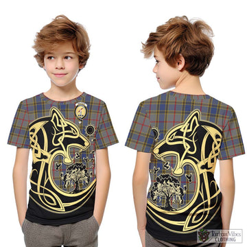 Balfour Tartan Kid T-Shirt with Family Crest Celtic Wolf Style