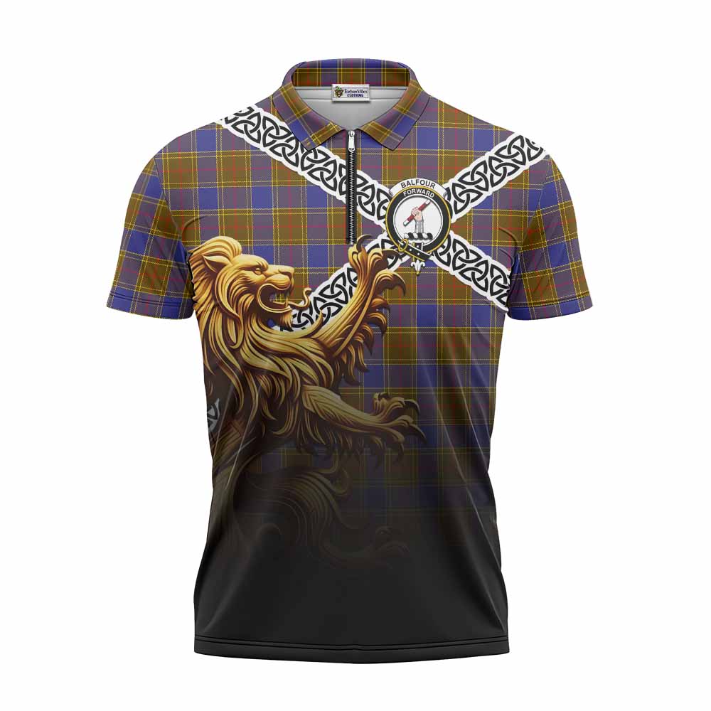 Balfour Crest Tartan Zipper Polo Shirt with Golden Lion Emblem Celtic Style Unisex - Tartan Vibes Clothing