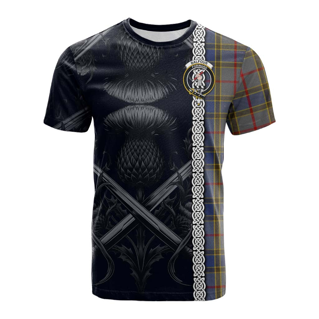 Tartan Vibes Clothing Balfour Tartan Cotton T-shirt with Family Crest Cross Sword Thistle Celtic Vibes