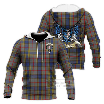 Balfour Tartan Knitted Hoodie with Family Crest Celtic Skull Style