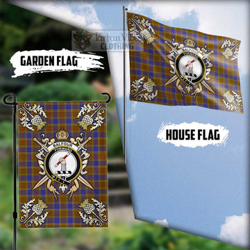 Balfour Tartan Flag with Family Crest and Golden Thistle Crossed Sword Design