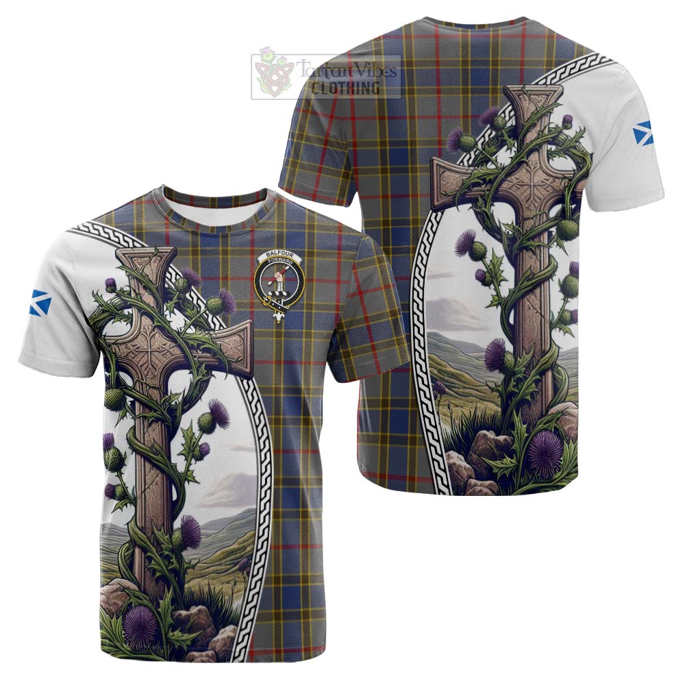 Tartan Vibes Clothing Balfour Tartan Cotton T-shirt with Family Crest and St. Andrew's Cross Accented by Thistle Vines