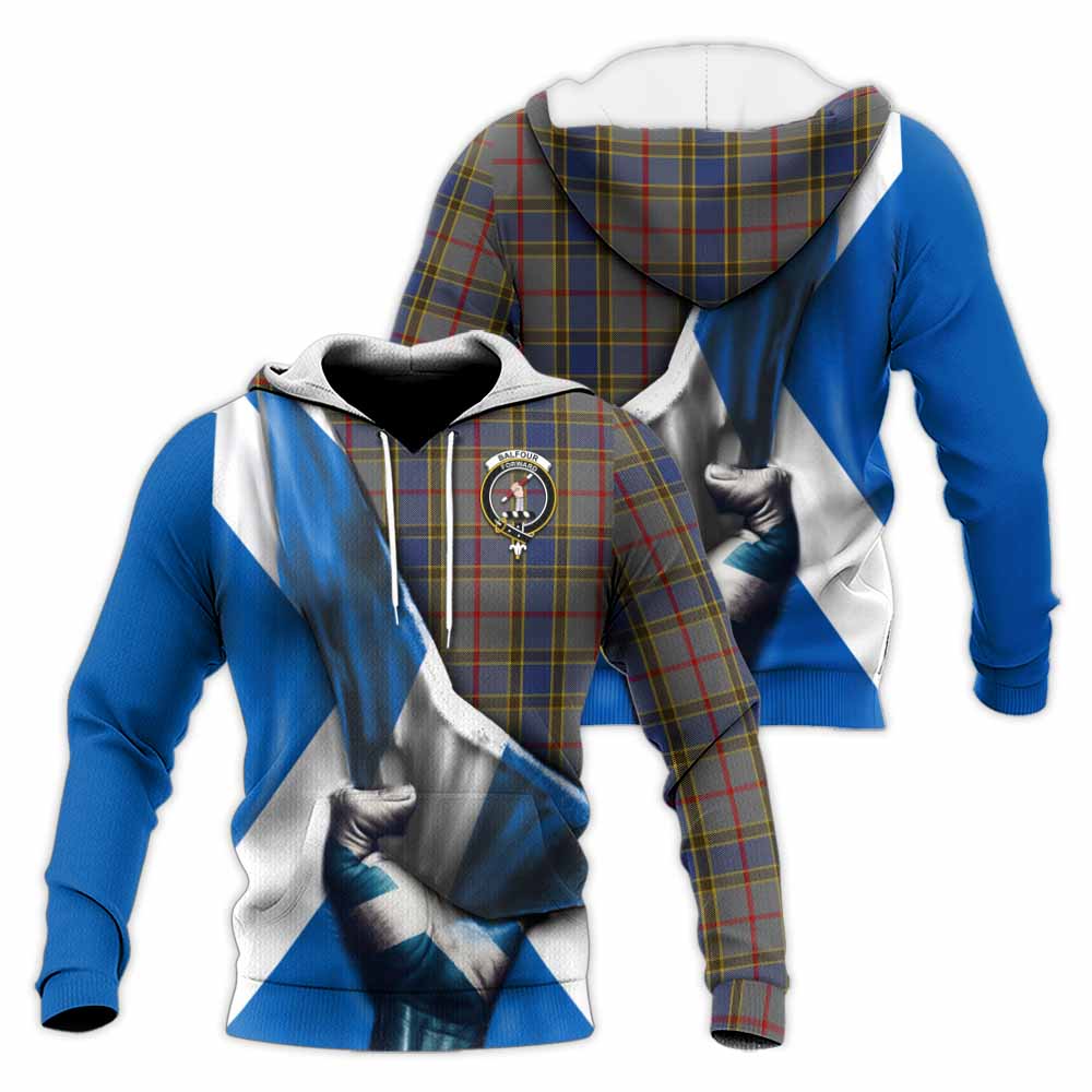 Tartan Vibes Clothing Balfour Tartan Knitted Hoodie with Family Crest Scotland Patriotic Style