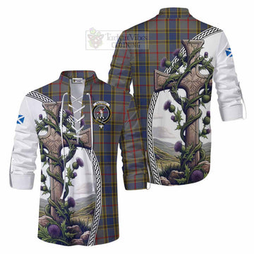 Balfour Tartan Ghillie Kilt Shirt with Family Crest and St. Andrew's Cross Accented by Thistle Vines