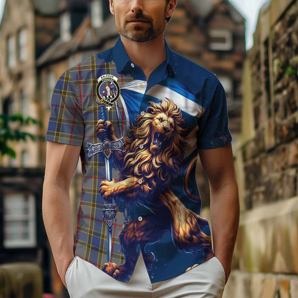 Tartan Vibes Clothing Balfour Tartan Family Crest Short Sleeve Button Shirt with Scottish Majestic Lion