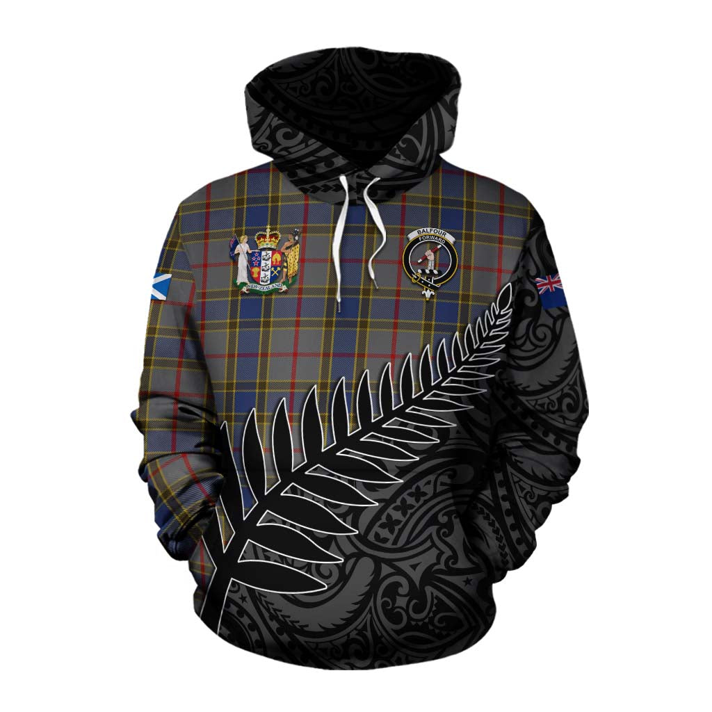 Tartan Vibes Clothing Balfour Crest Tartan Cotton Hoodie with New Zealand Silver Fern Half Style