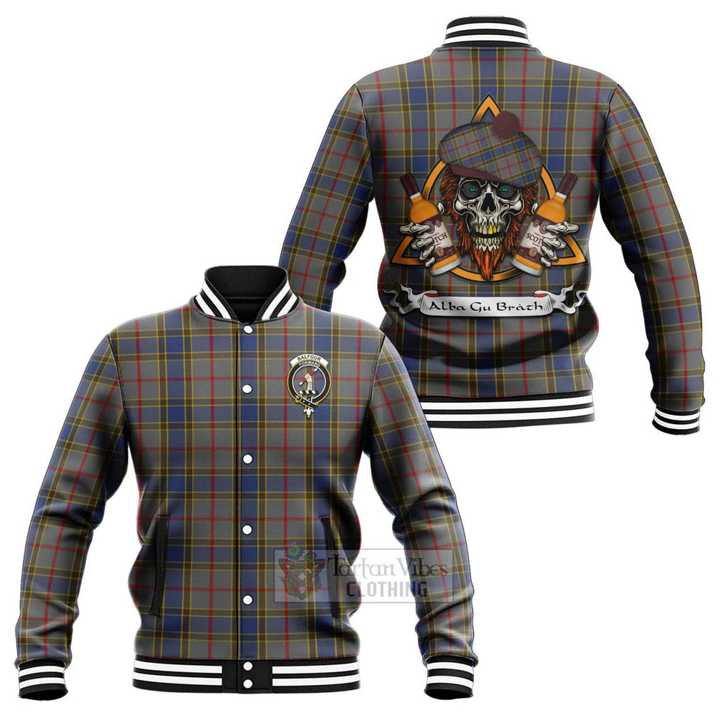 Tartan Vibes Clothing Balfour Tartan Baseball Jacket with Family Crest and Bearded Skull Holding Bottles of Whiskey