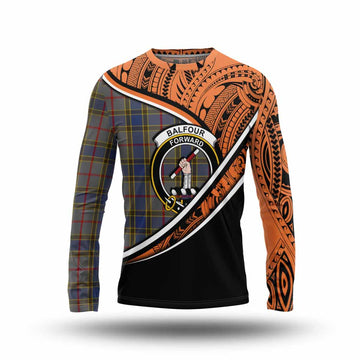 Balfour Crest Tartan Long Sleeve T-Shirt with Polynesian Vibes Style - Orange Version