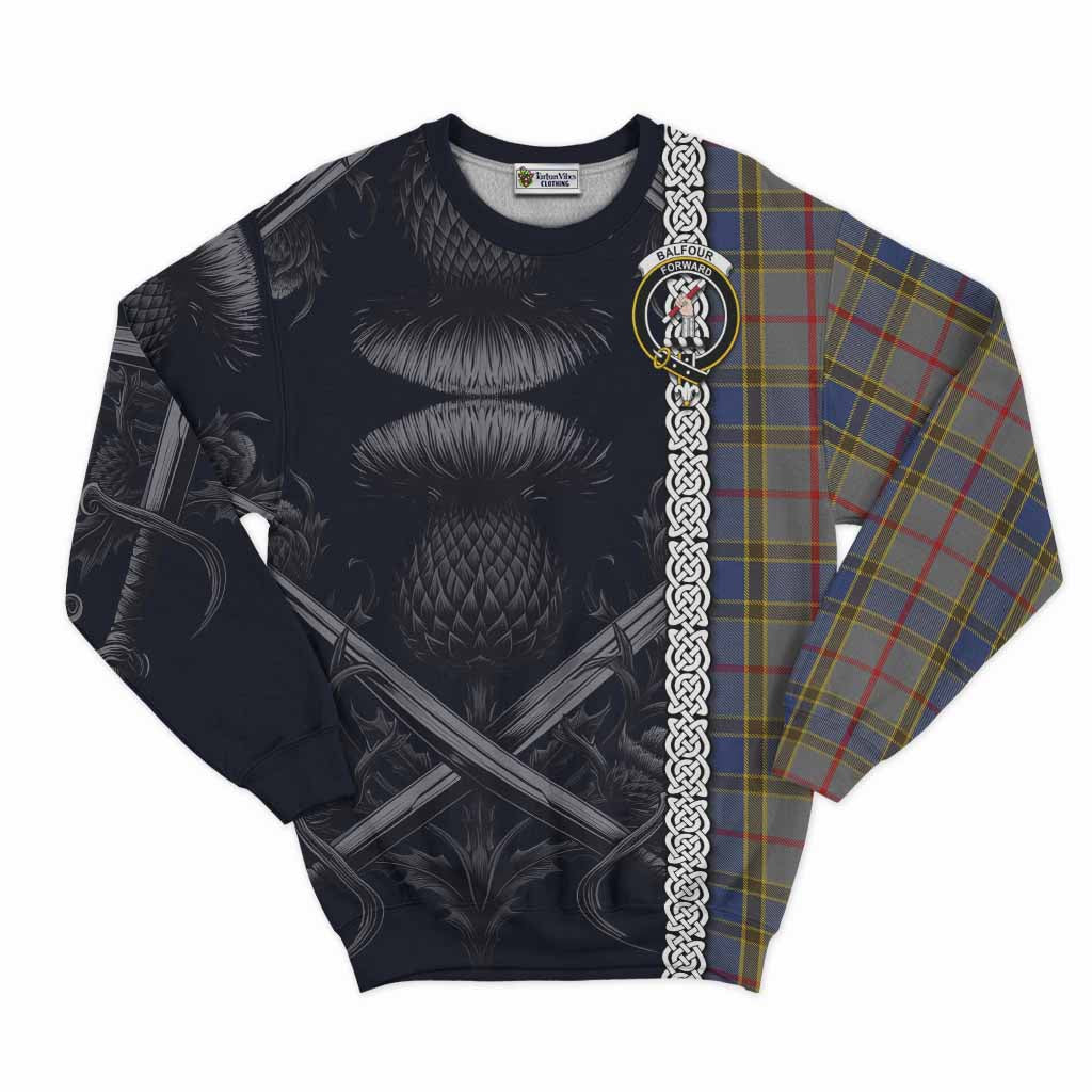 Tartan Vibes Clothing Balfour Tartan Sweatshirt with Family Crest Cross Sword Thistle Celtic Vibes