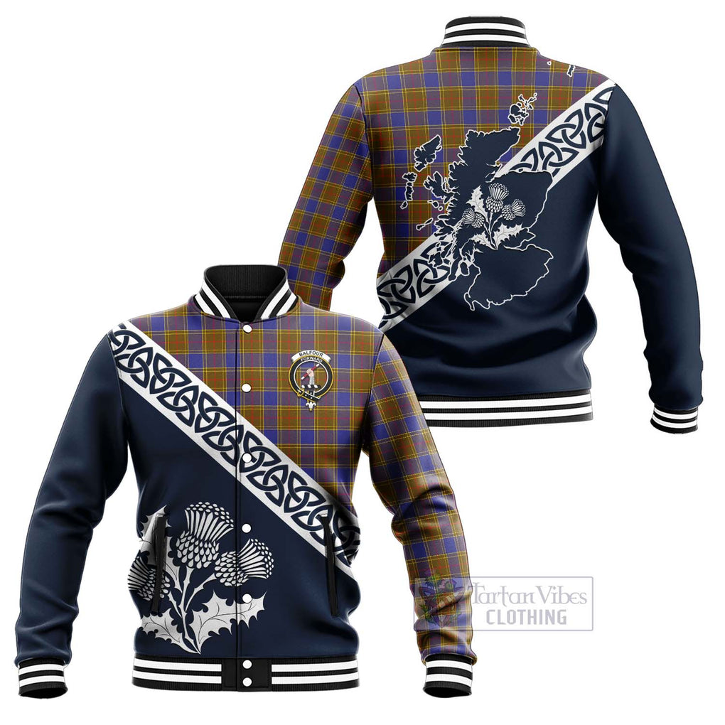 Tartan Vibes Clothing Balfour Tartan Baseball Jacket Featuring Thistle and Scotland Map