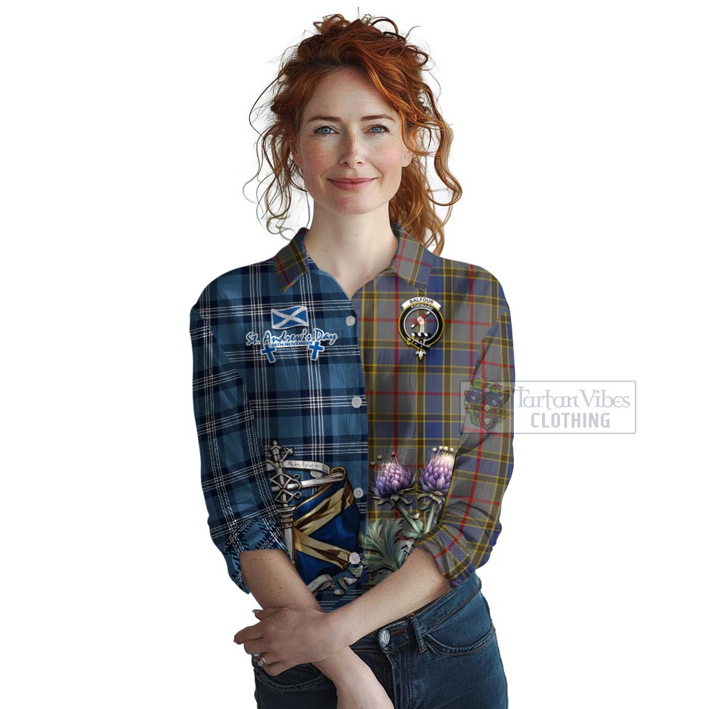 Tartan Vibes Clothing Balfour Tartan Women's Casual Shirt Happy St. Andrew's Day Half Tartan Style