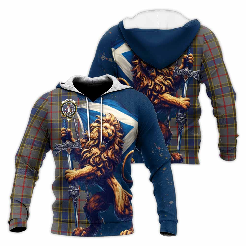 Tartan Vibes Clothing Balfour Tartan Family Crest Knitted Hoodie with Scottish Majestic Lion