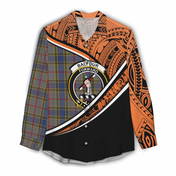 Balfour Crest Tartan Women's Casual Shirt with Polynesian Vibes Style - Orange Version