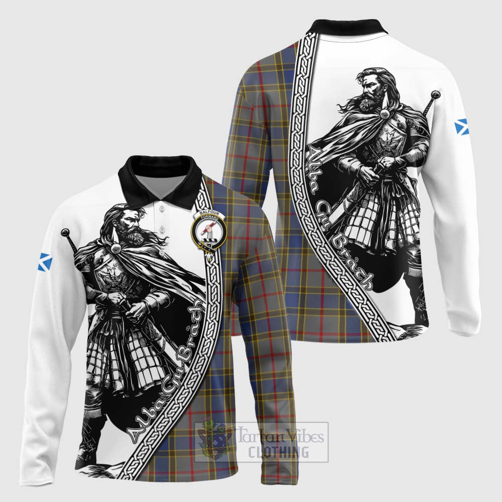 Tartan Vibes Clothing Balfour Tartan Clan Crest Long Sleeve Polo Shirt with Highlander Warrior Celtic Style