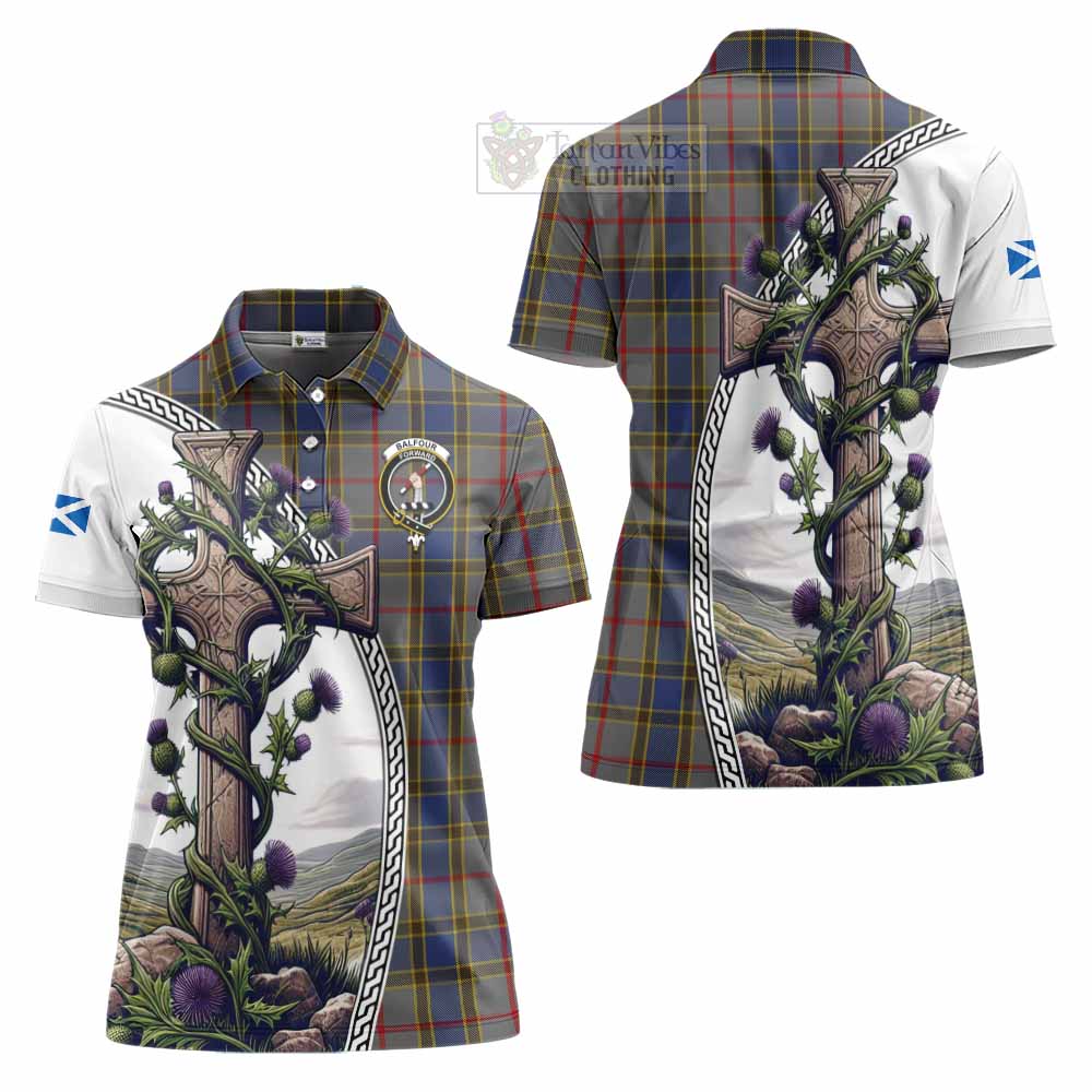 Tartan Vibes Clothing Balfour Tartan Women's Polo Shirt with Family Crest and St. Andrew's Cross Accented by Thistle Vines