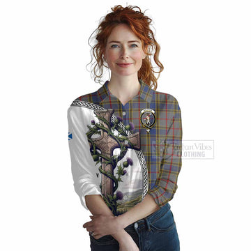 Balfour Tartan Women's Casual Shirt with Family Crest and St. Andrew's Cross Accented by Thistle Vines