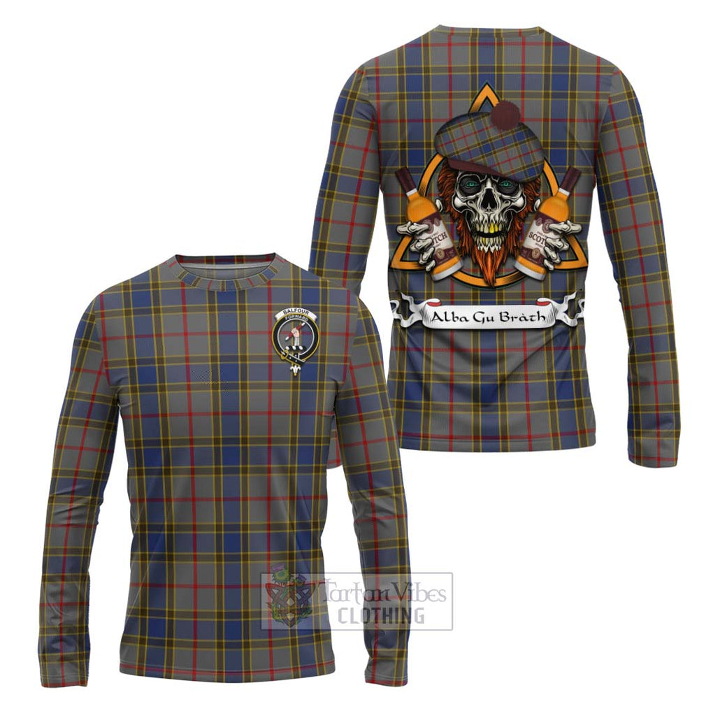 Tartan Vibes Clothing Balfour Tartan Long Sleeve T-Shirt with Family Crest and Bearded Skull Holding Bottles of Whiskey