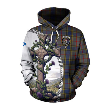 Balfour Tartan Cotton Hoodie with Family Crest and St. Andrew's Cross Accented by Thistle Vines Pullover Hoodie XS - Tartan Vibes Clothing