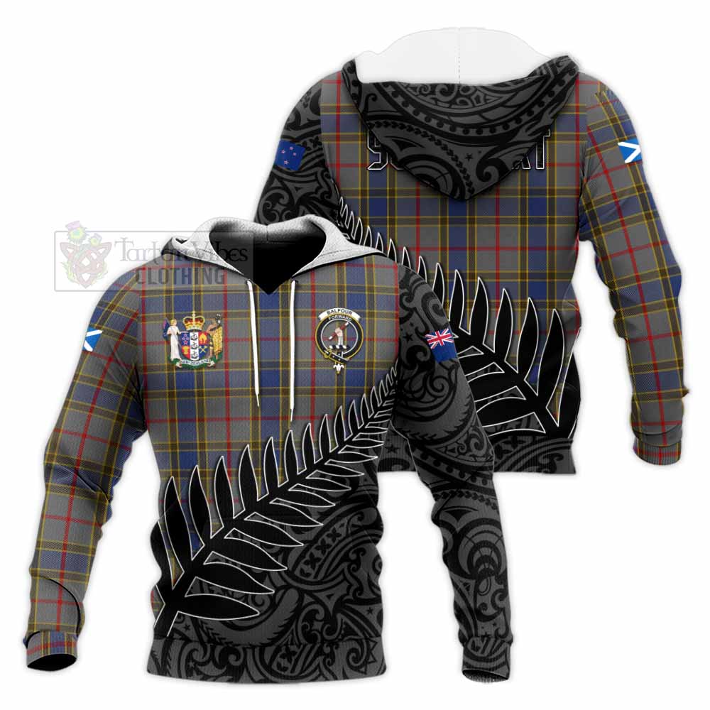 Tartan Vibes Clothing Balfour Crest Tartan Knitted Hoodie with New Zealand Silver Fern Half Style