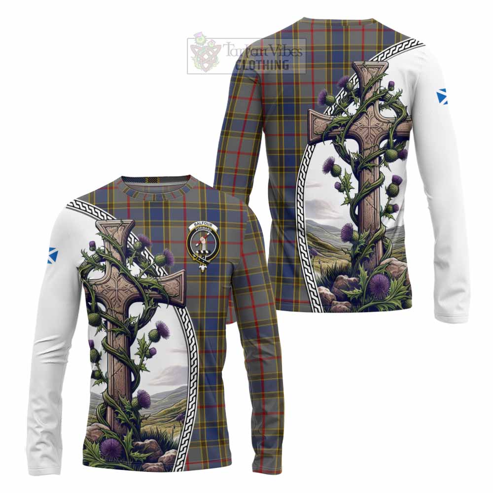 Tartan Vibes Clothing Balfour Tartan Long Sleeve T-Shirt with Family Crest and St. Andrew's Cross Accented by Thistle Vines