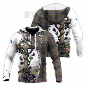 Balfour Tartan Knitted Hoodie with Family Crest and St. Andrew's Cross Accented by Thistle Vines