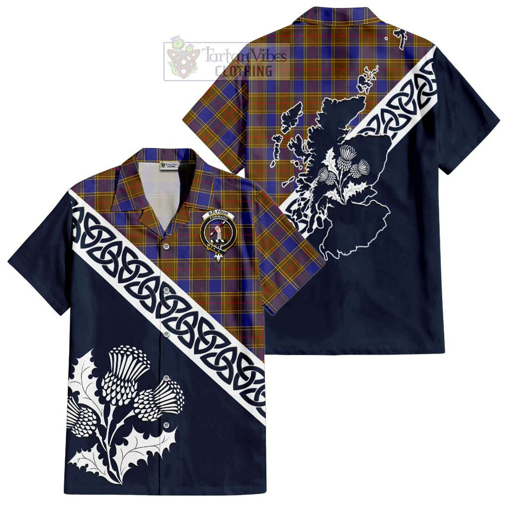 Tartan Vibes Clothing Balfour Tartan Short Sleeve Button Shirt Featuring Thistle and Scotland Map