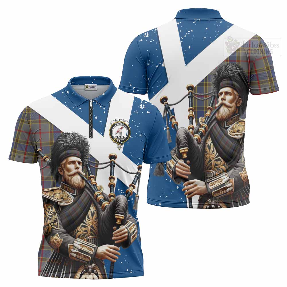 Tartan Vibes Clothing Balfour Tartan Zipper Polo Shirt with Family Crest Scottish Bagpiper Vibes