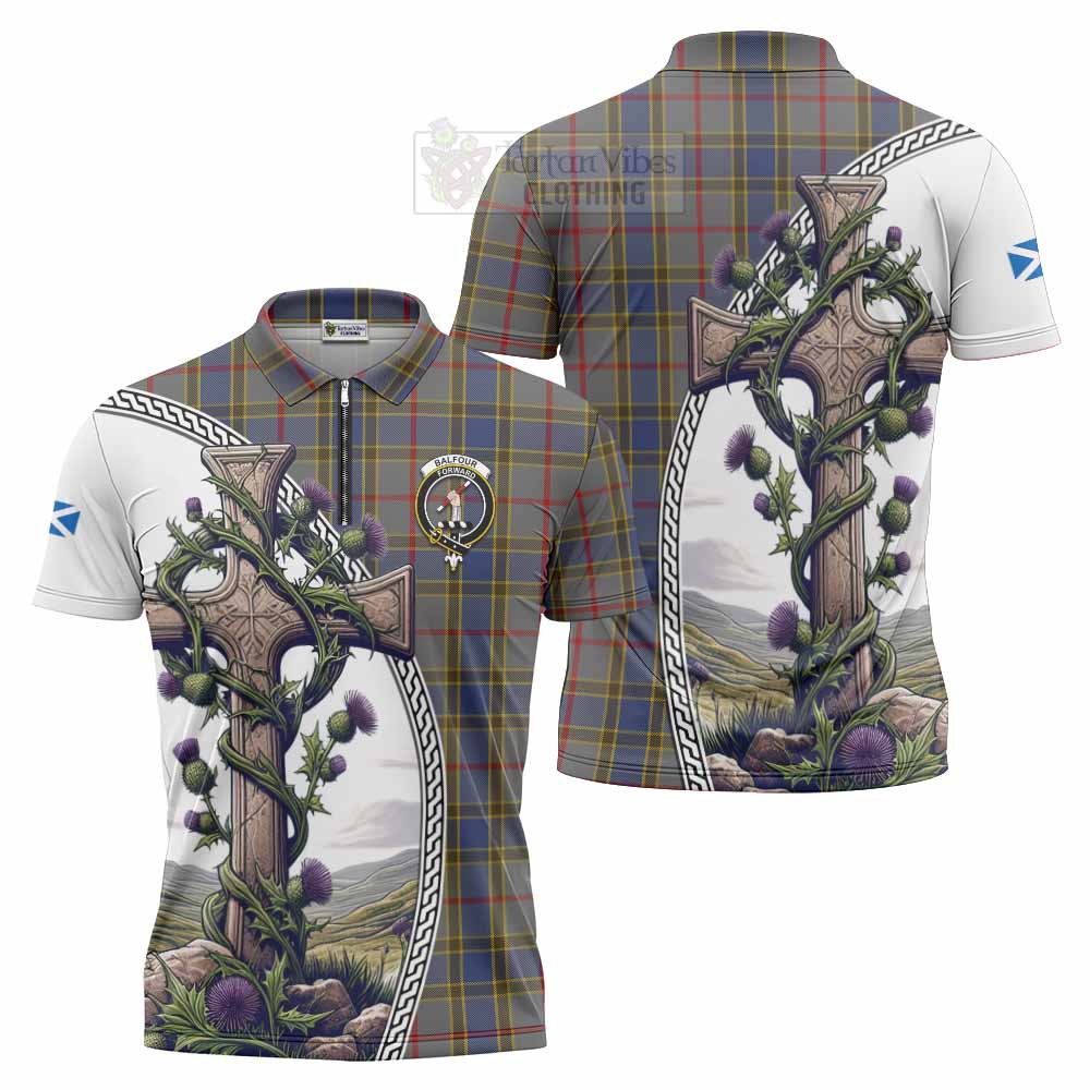 Tartan Vibes Clothing Balfour Tartan Zipper Polo Shirt with Family Crest and St. Andrew's Cross Accented by Thistle Vines