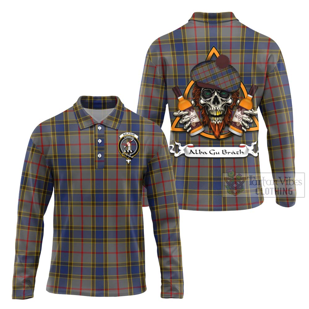 Tartan Vibes Clothing Balfour Tartan Long Sleeve Polo Shirt with Family Crest and Bearded Skull Holding Bottles of Whiskey